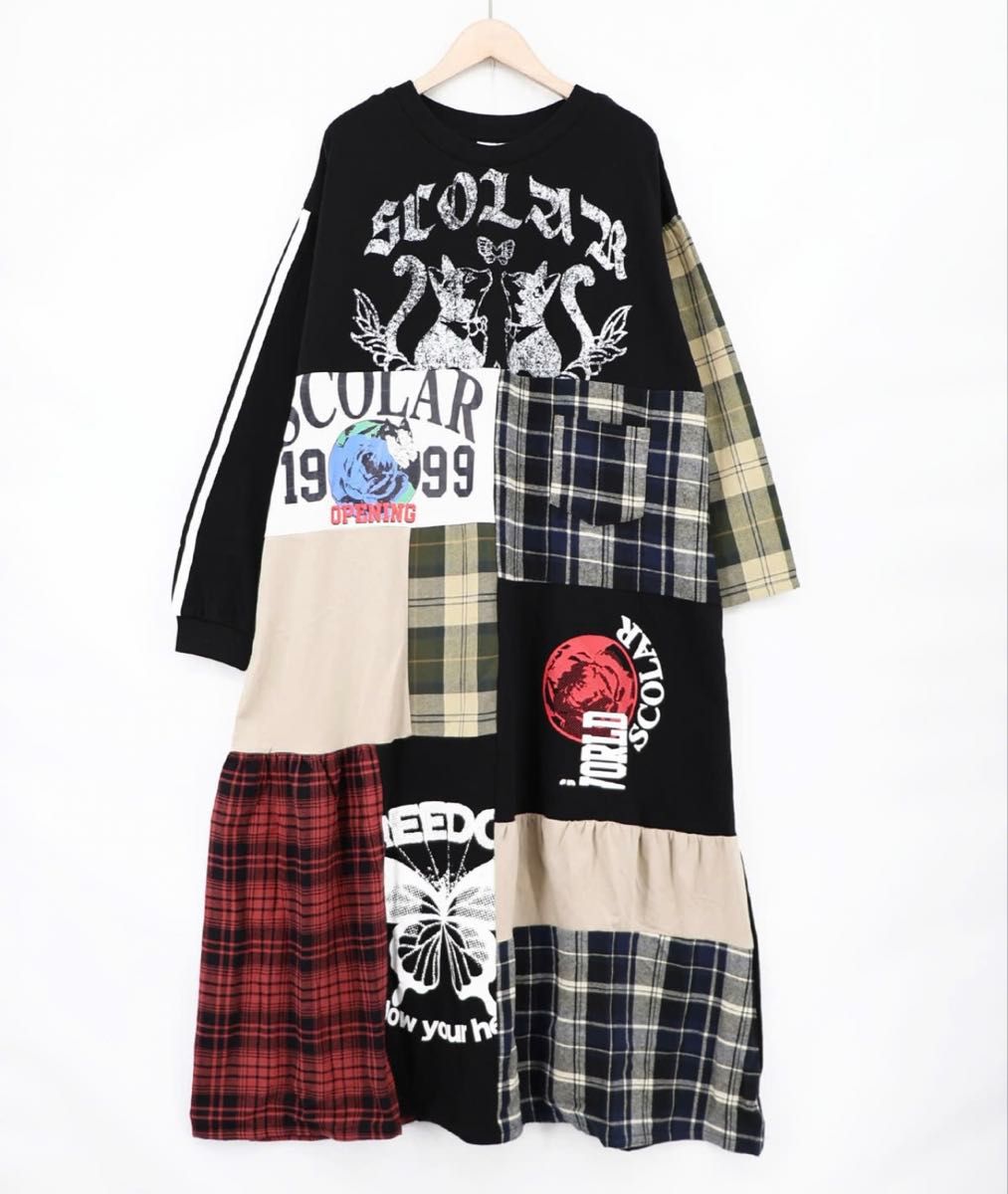 ScoLar 163701 Logo×格纹 拼布风不对称连衣裙