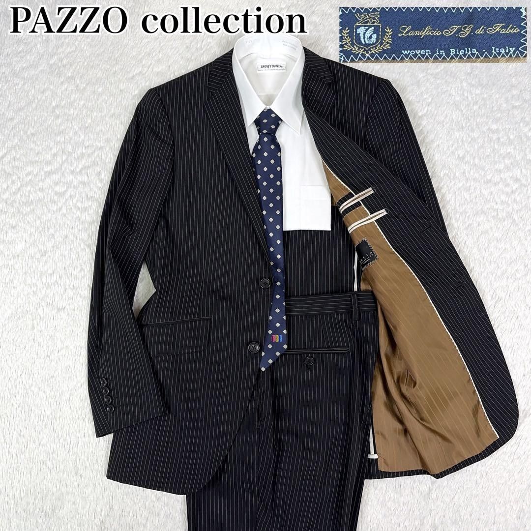 PAZZO collectionパッゾメンズスーツセットアップイタリア生地ウール黒ピンストライプYA6高級生地