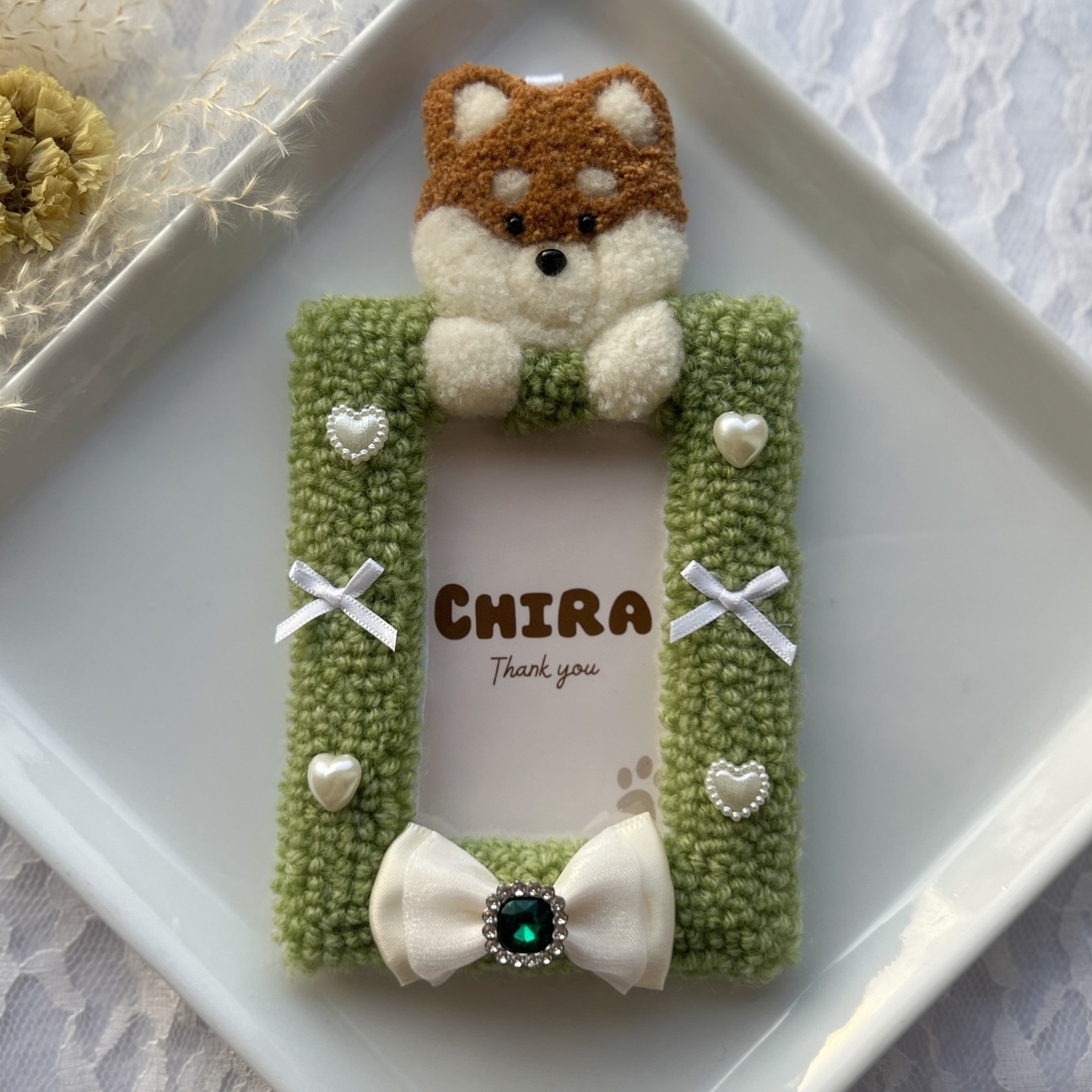 柴犬 绿色 狗 卡片盒 针刺绣 手工 绒面工艺