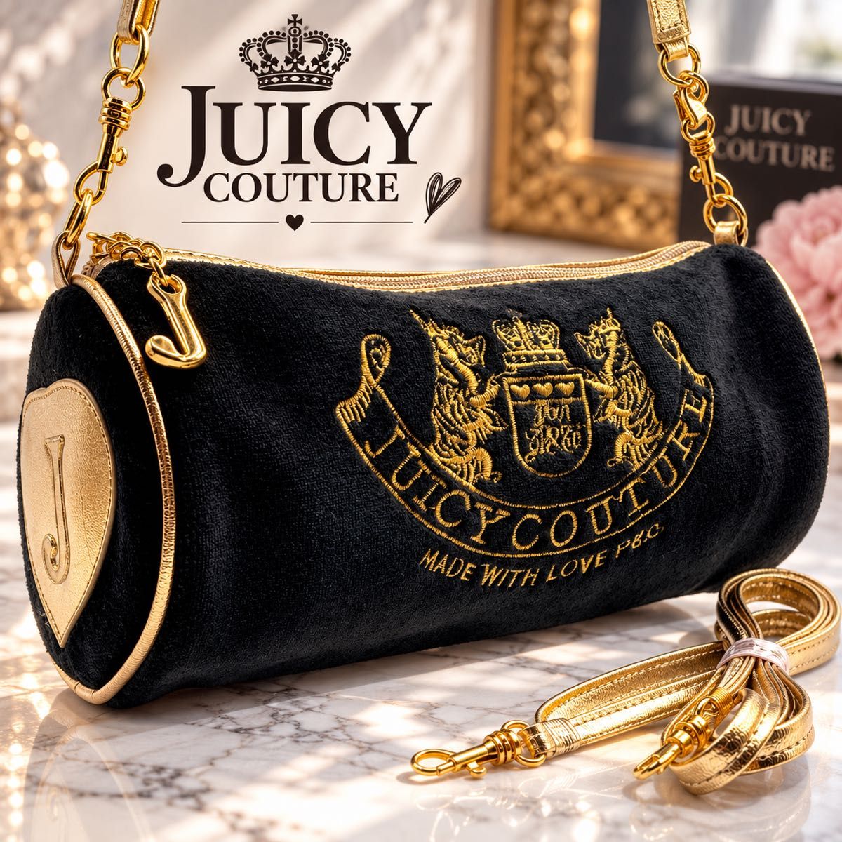 稀有 JUICY COUTURE Juicy Couture 2way 包袋 Y2K 黑色天鹅绒金色链条
