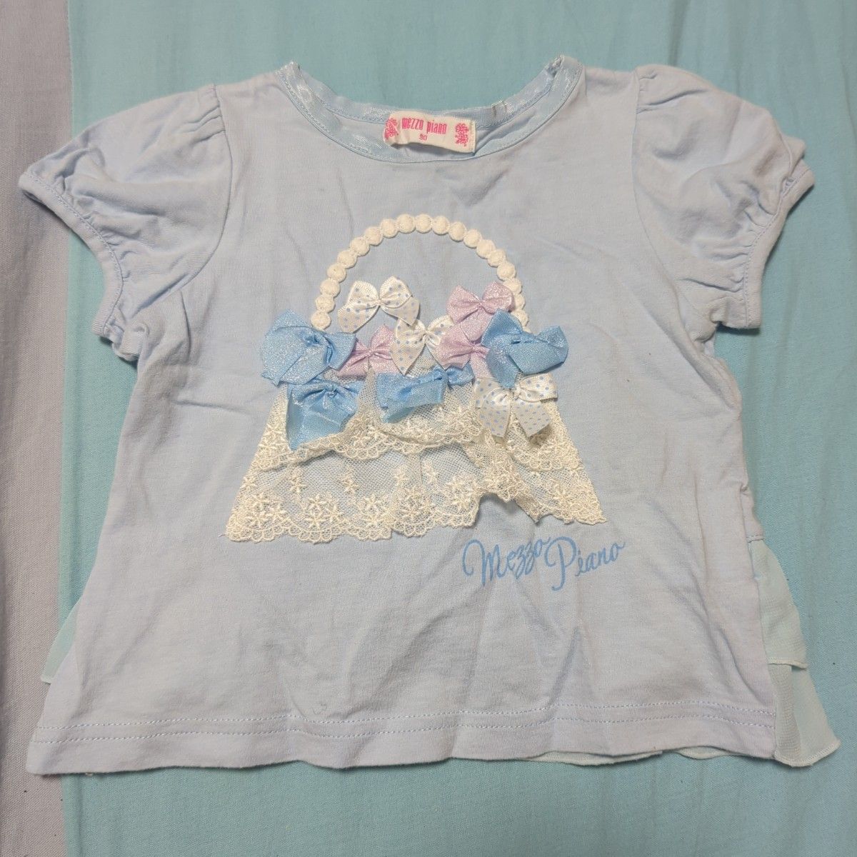 メゾピアノ mezzo piano 半袖Tシャツ 水色 リボン レース 90サイズ