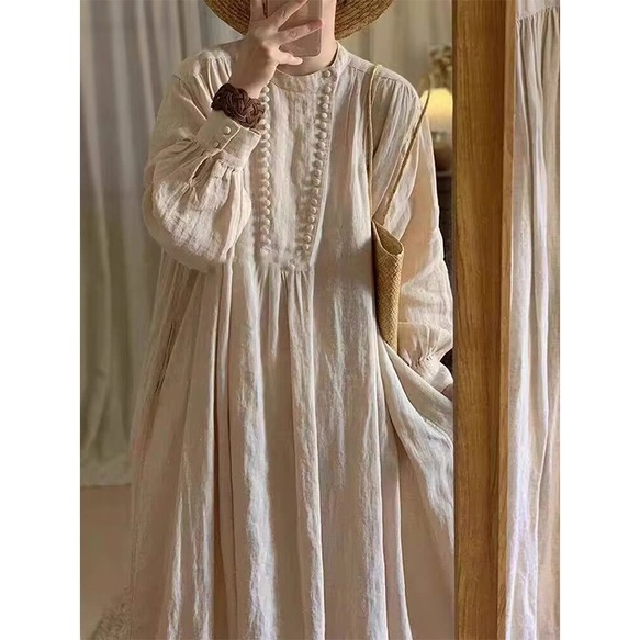 复古红色亚麻印花连衣裙，女款早秋宽松大码，微垂感V领棉麻长袖