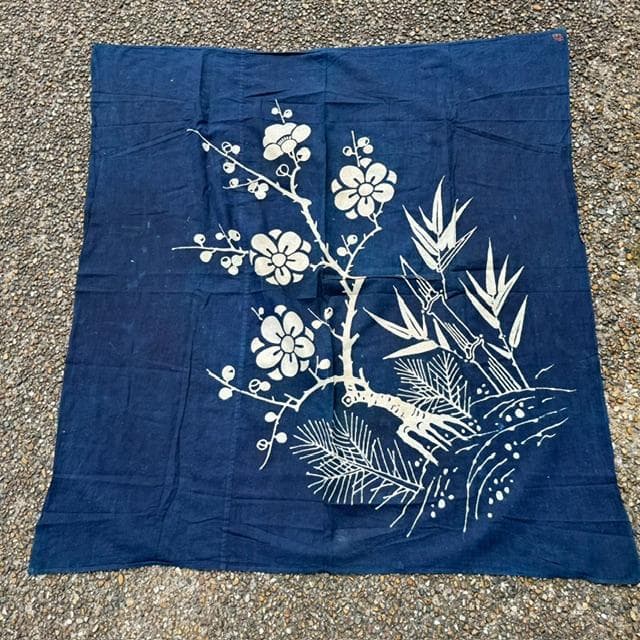 古董手绘松竹梅蓝染棉布,氛围极佳,吉祥图案,110×116cm可改造
