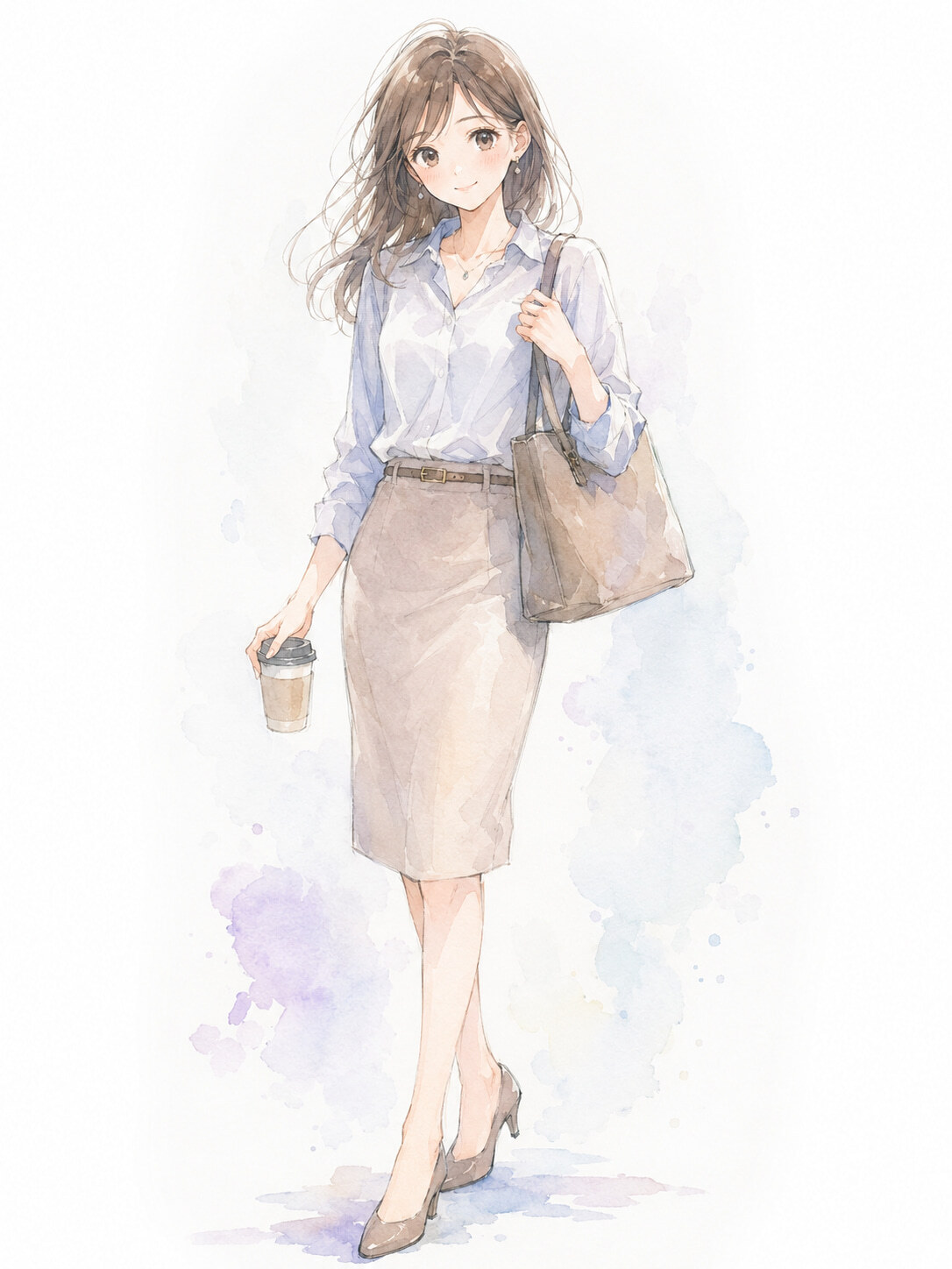 A2尺寸c1590水彩画风格办公室休闲的女性像手提包和咖啡杯美人画