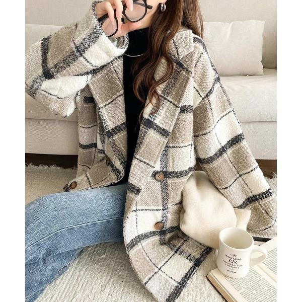 外套 棉服 “26AW新增色系!”“mily bilet” 为冬季穿搭增添亮点。起毛粗花呢格纹茧形剪裁双排扣夹克式外套
