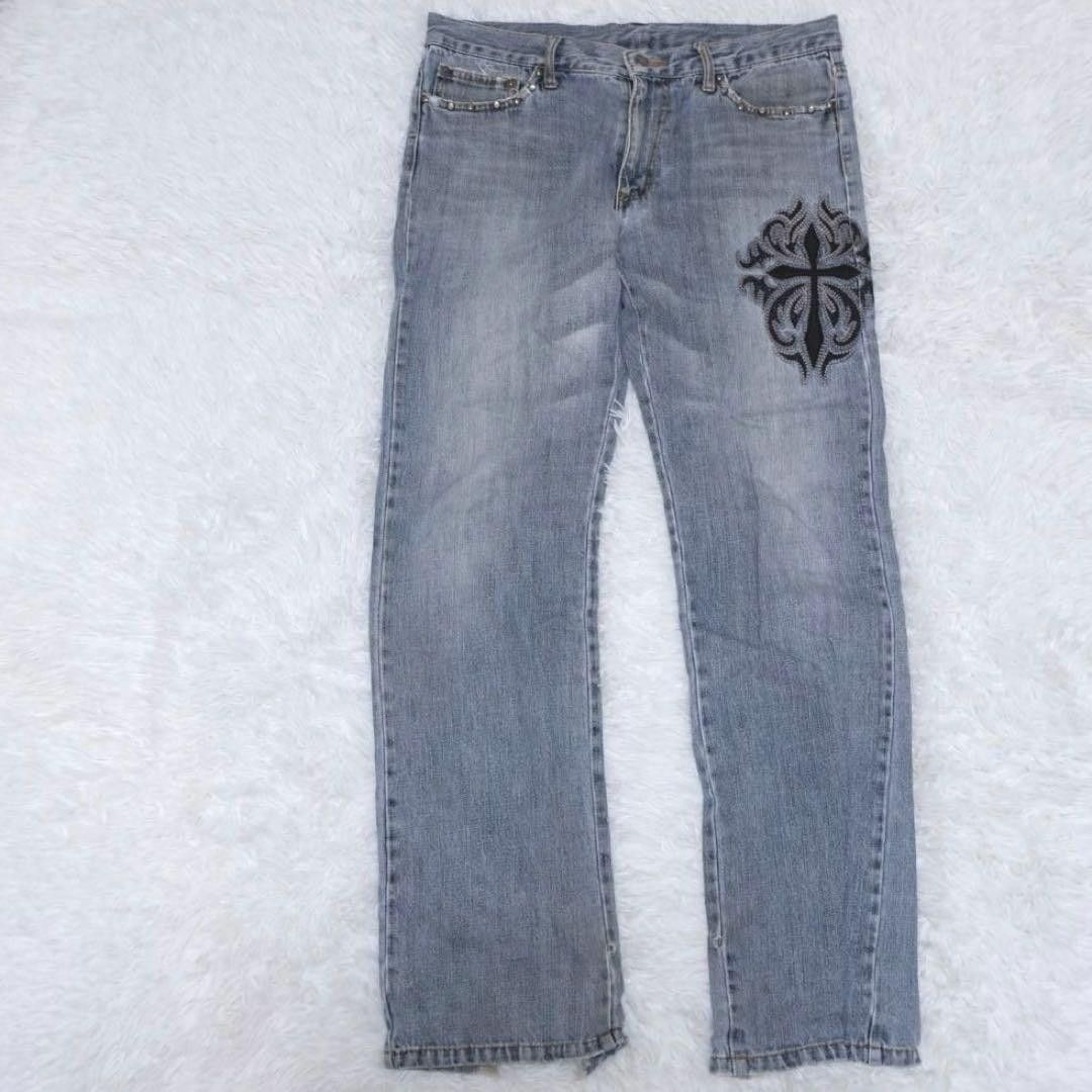 Gothic Cross Stitch Studs Blue Denim Y2K Punk Rock Distressed Jeans Straight Pants