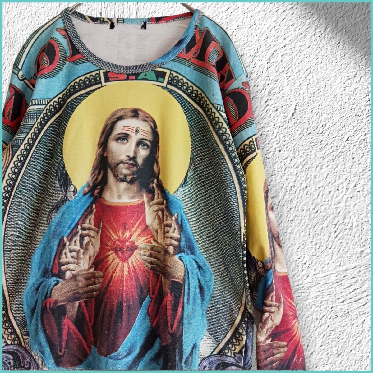 稀少★耶稣基督总柄图形针织衫耶稣宗教画旧衣服多色复古泰国制