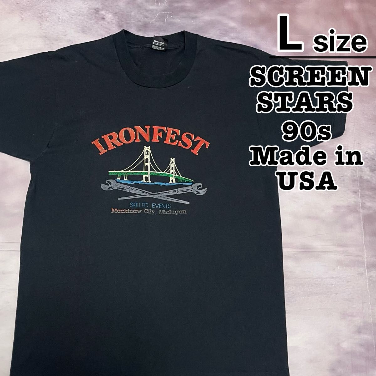 90s SCREEN STARS T-SHIRT L BLACK BLACK BLACK PRINT, USA