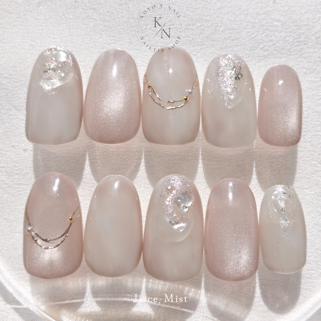 Lace Mist Nail Tips, Nuance Nails, Bridal, Wedding, Marriage Ceremony, Bride’s Nails, Coming-of-Age Ceremony, Nails, Glistening, Furisode Nails, Hakama, Pink, Gold, Party‑Ready Nails, Autumn Nails, Winter Nails