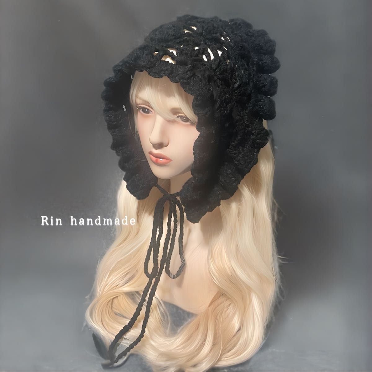 バブーシュカ フリル ヘッドドレス ブラック ハンドメイド 編み物 ロリータ サブカル 黒 リボン フリルヘッドドレス ボンネット