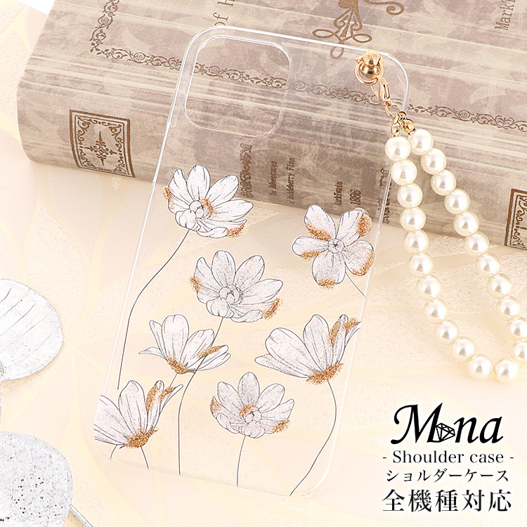 智能手机肩带 全机型兼容 硬壳 iPhone14 iPhone13 Android Galaxy Xperia 附带珍珠挂绳 金色 花卉图案 shoulder1-11