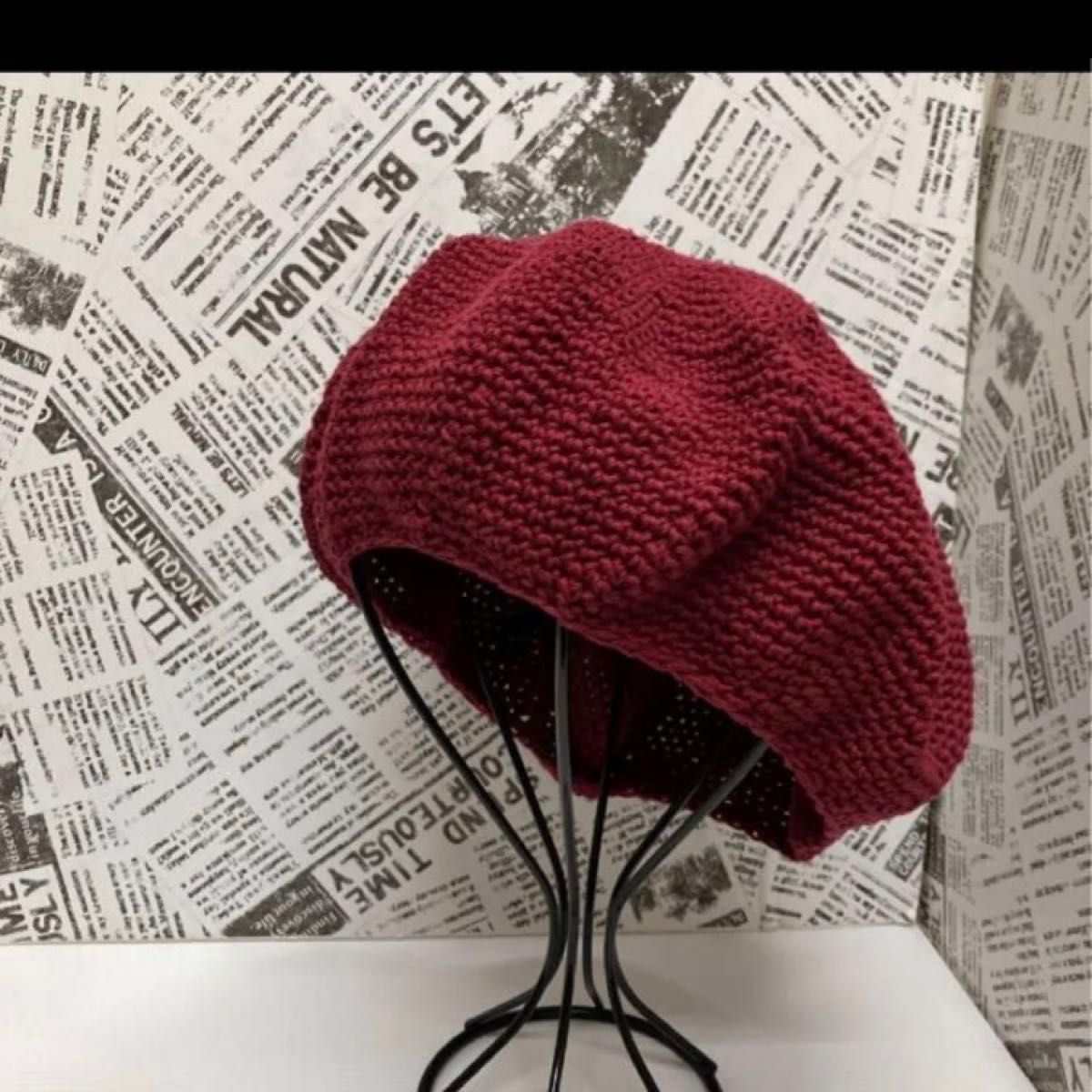 【新品未使用】ハンドメイド 手編み ベレー帽子 年中使える綿100 えんじ色