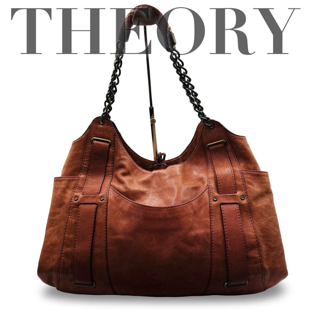Theory Shoulder Bag Genuine Leather Brown Tea Logo Crossbody Women's Daily Commute Elegant Style