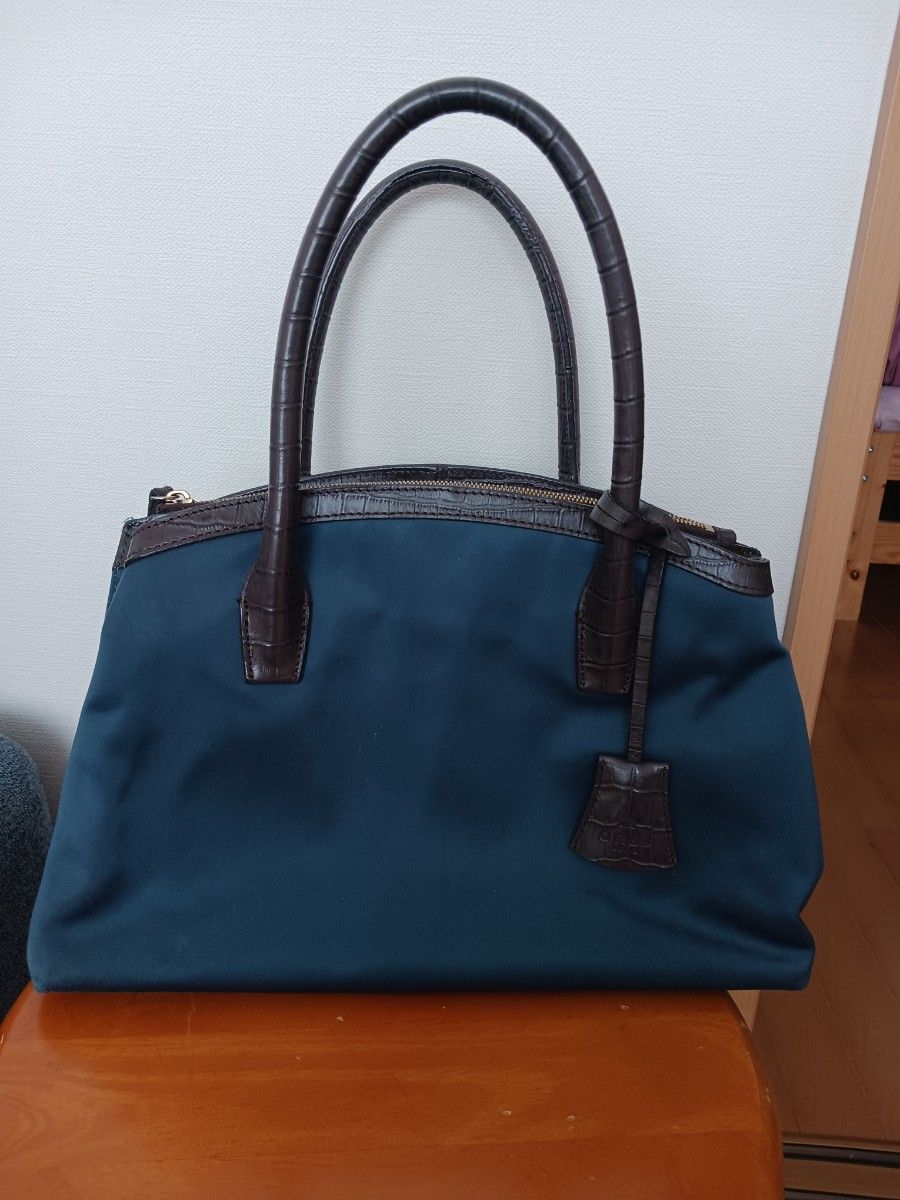 Nylon Tote Bag Navy Brown Leather Handle