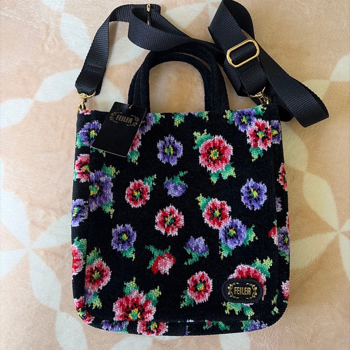 FEILER Anemone Pti Shoulder Bag Floral Black Chenille Weave 2-Way