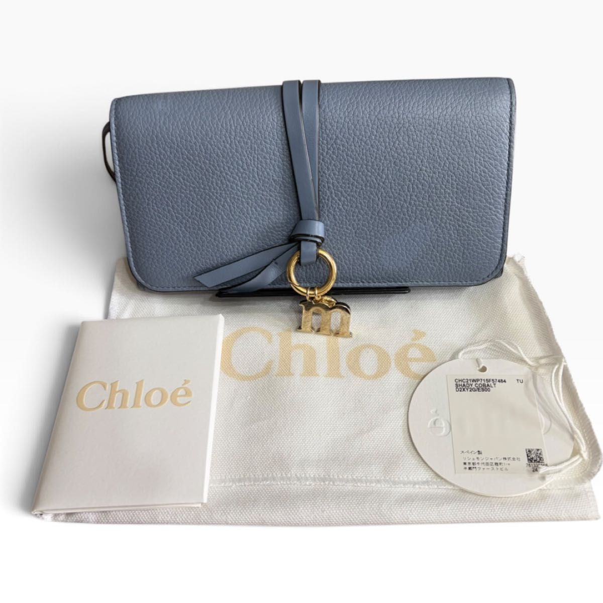 Chloe Long Wallet with Alphabet Flap, Shady Cobalt Color, Includes M Charm, Leather Long Wallet