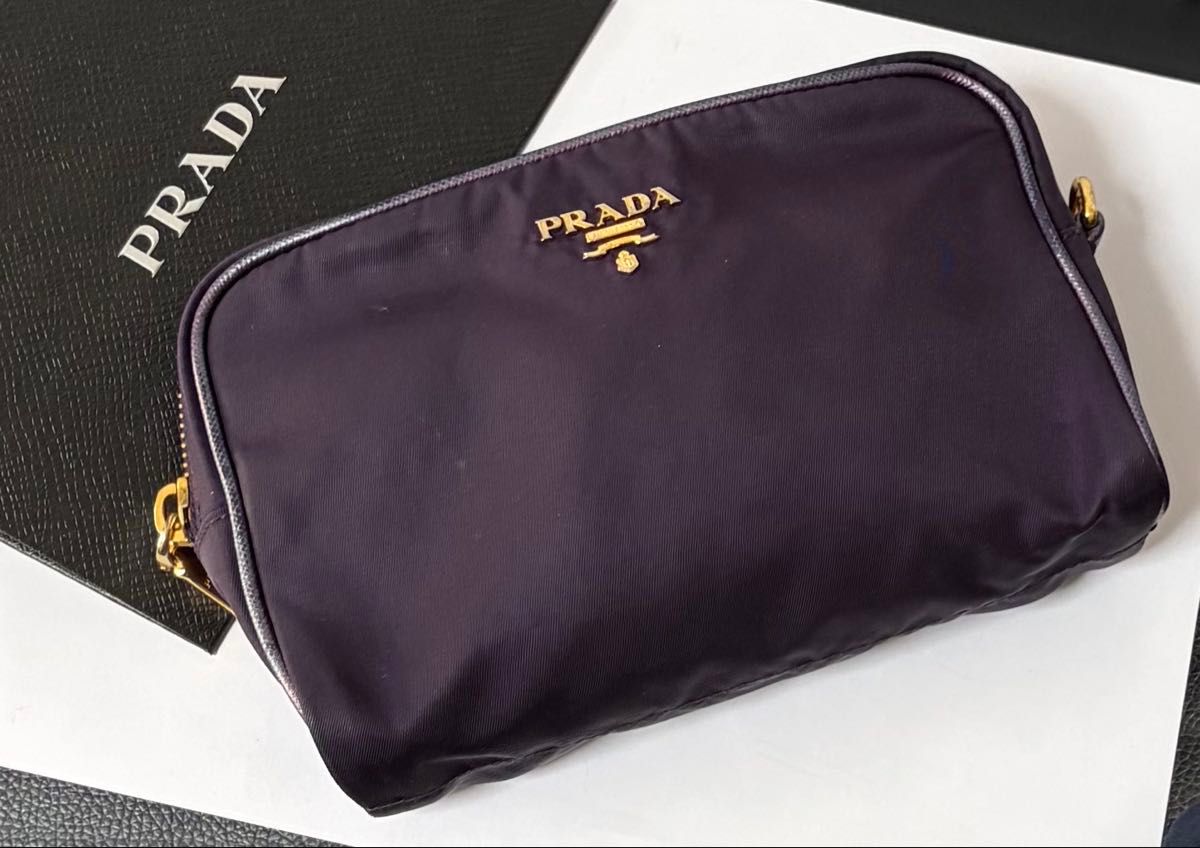 普拉达 PRADA 尼龙收纳袋 带标志牌 小物件收纳 纹理尼龙 紫色 金色