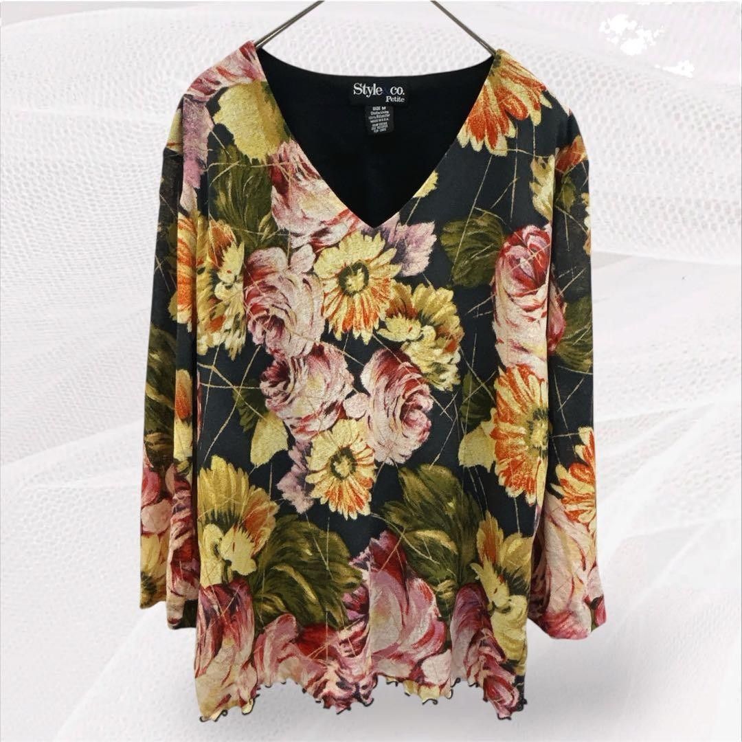 Style & Co 针织衫 V领 长袖 花卉图案 M 黑色 情侣装