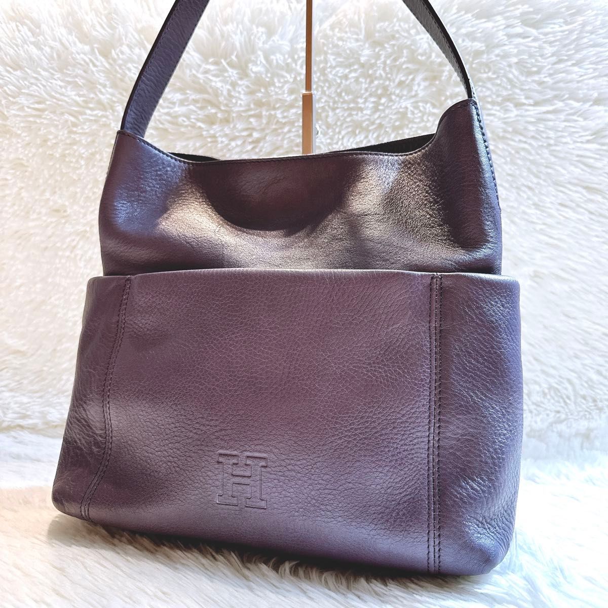 Hirofu Vita One-Shoulder Bag, Grainy Leather, H Logo, Leather, Purple, Rare Color