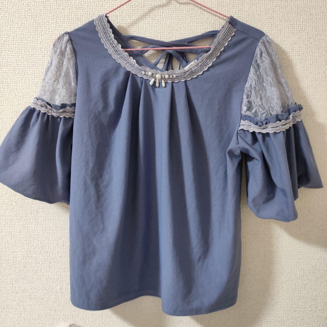 女士短袖针织衫 蓝色 蕾丝装饰