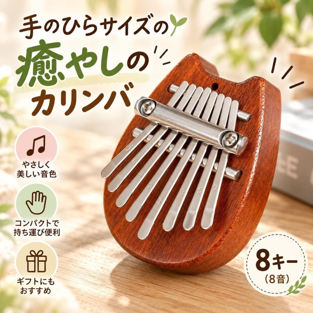 カリンバ 8キー 親指ピアノ 木製 ミニ 楽器 初心者 子供 猫型 コンパクト 癒し 音楽 ギフト 持ち運び 指ピアノ
