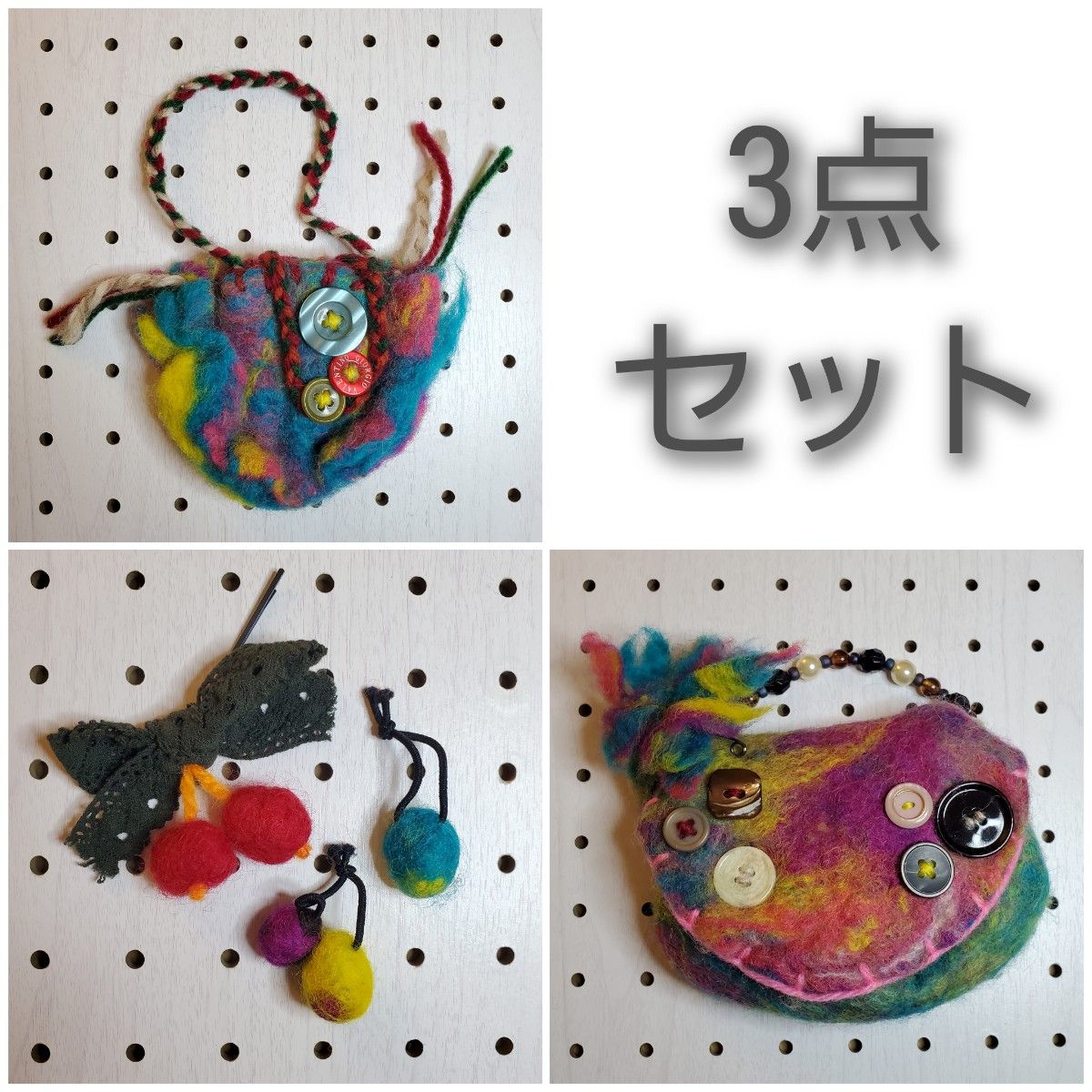 【Handmade] Wool Felt Mini Pouch & Hair Accessories 3-Piece Set