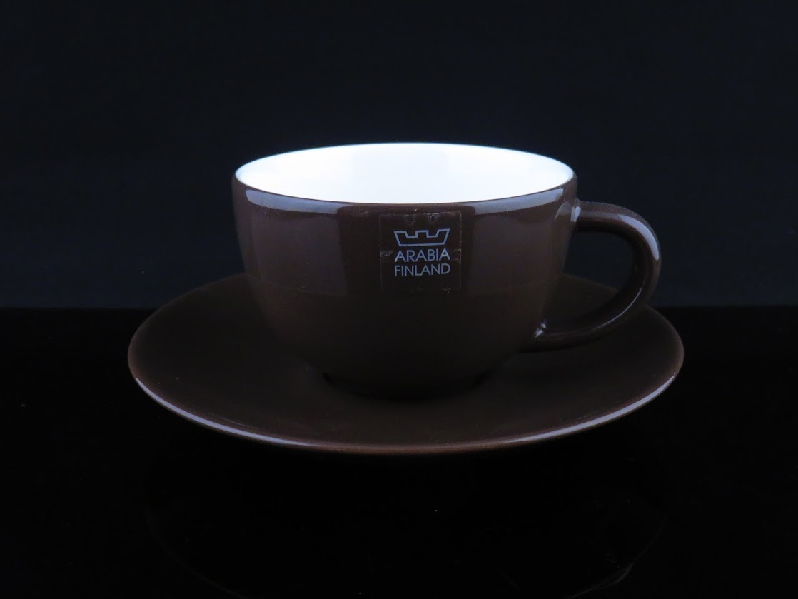 ARABIA /阿拉伯 24h 茶杯&茶托 深棕色 焦茶色 有光泽 Heikki Orvola/海基·奥尔沃拉 品牌贴纸附 [2]