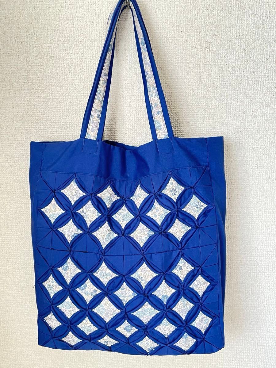 Handmade Tote Bag Cathedral Window Blue Floral Pattern