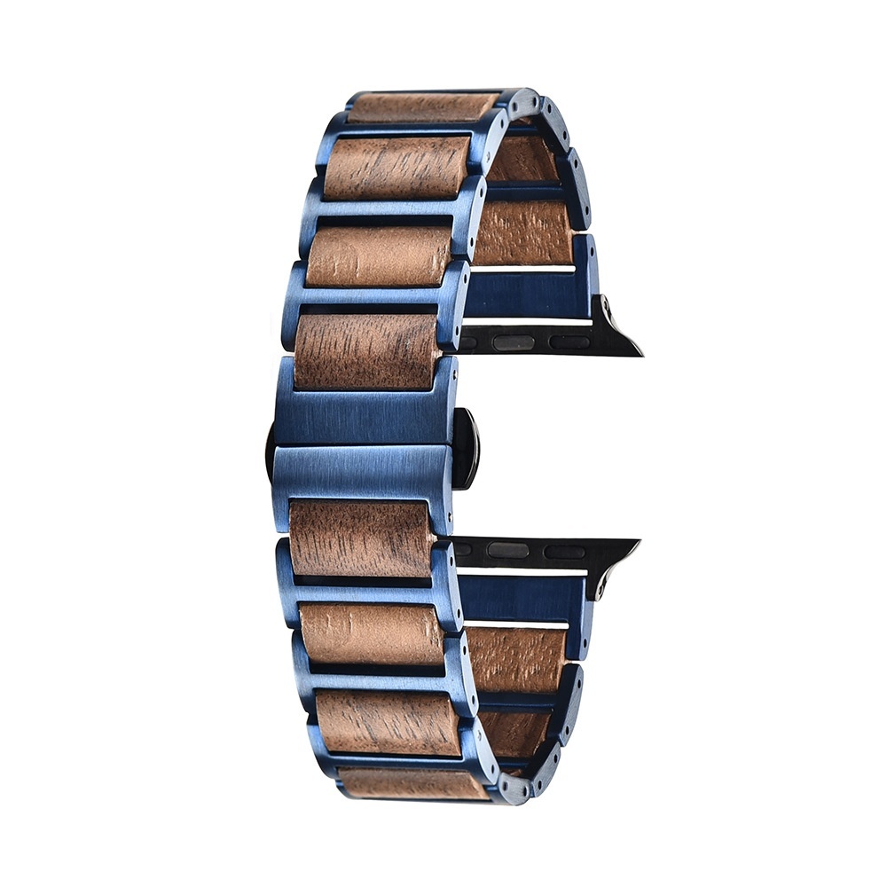 适用于Apple Watch 天然木与不锈钢表带 重约55克 手工制作 木质手链 男女通用 蓝色×胡桃木 兼容Series 1至8 替换表带