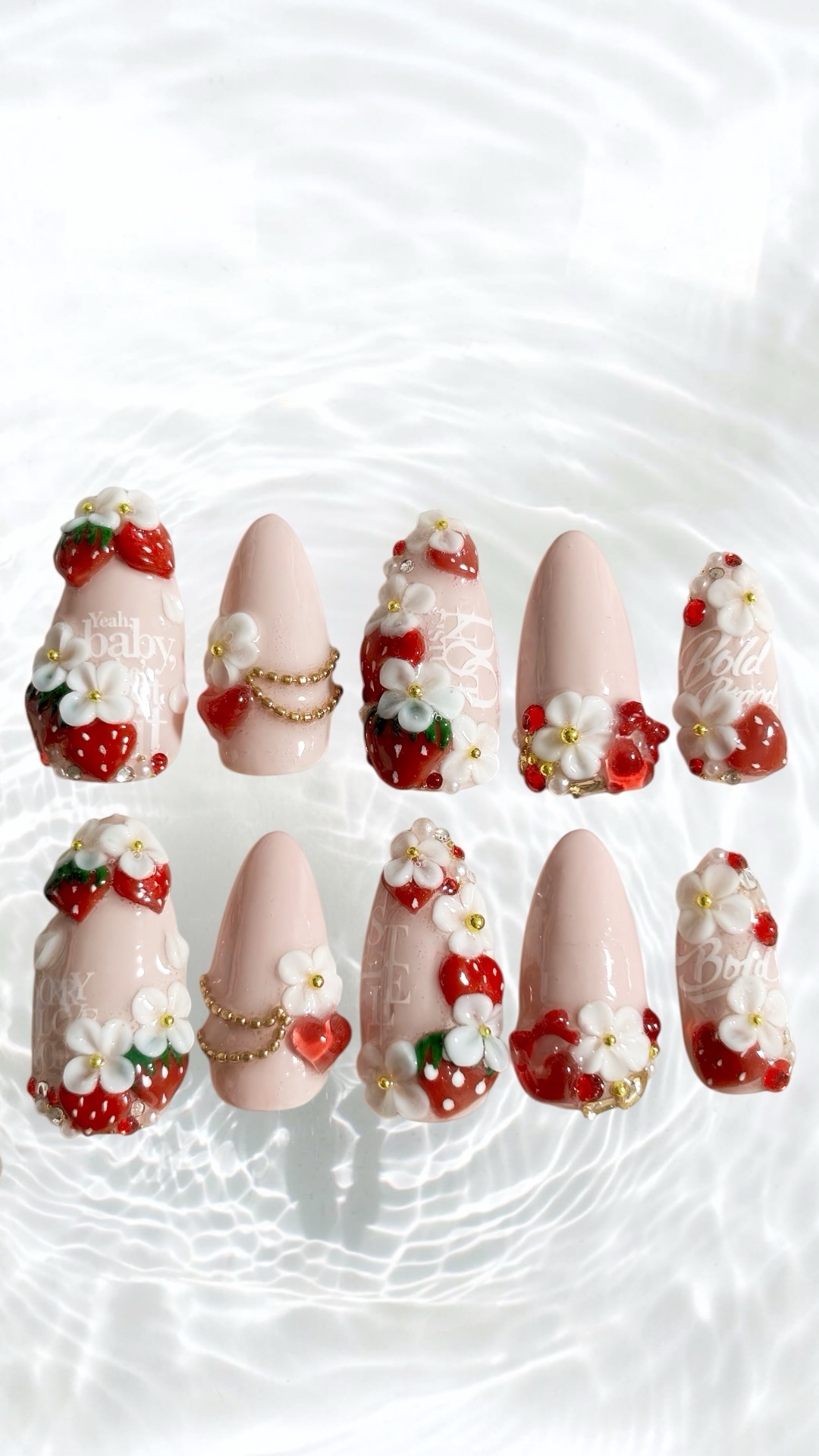 Plump, three-dimensional strawberry girly nail tips / 3D Greedily designed with flowers and pearls, strawberries, mass-produced style, merhen