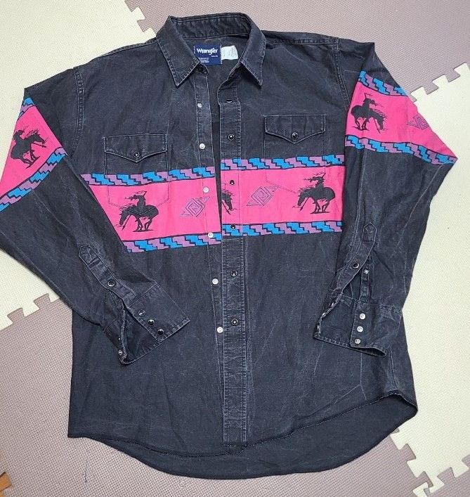 USA 製 90s Wrangler 西部衬衫 黑色 L 原住民图案 烈马 复古 牛仔竞技 Crazy Horse 美式休闲