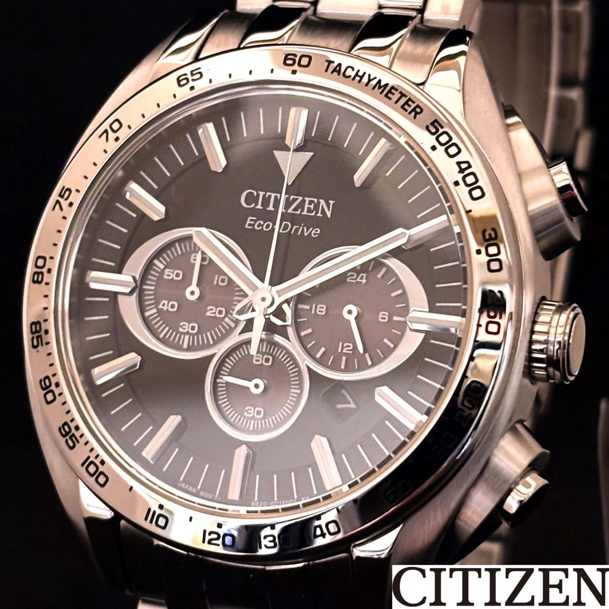 【CITIZEN】展示品特价/西铁城/男士腕表/光动能/计时码表/男款/银黑配色/太阳能驱动/时尚