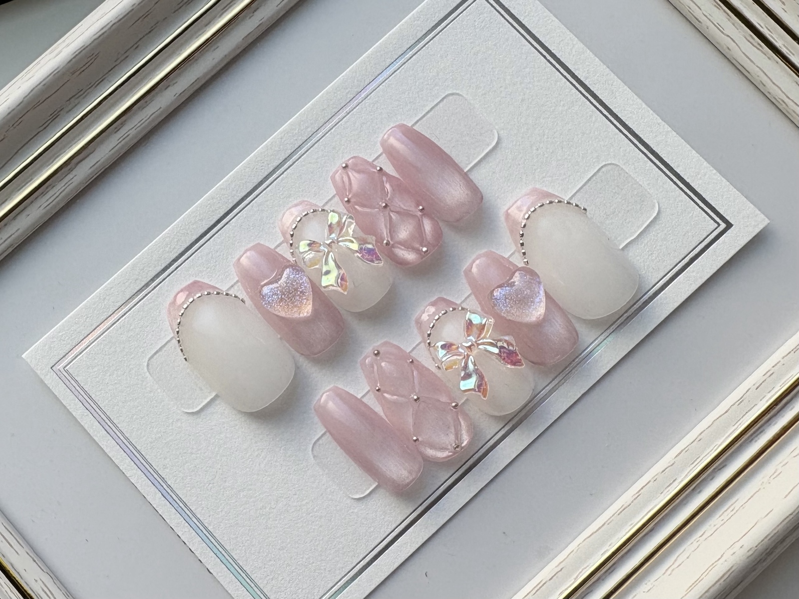 Magnetic Nail Tips Pink Ribbon French Heart Girly Korean White Plump Quilted Short Ballerina Almond Regular Oval Short Oval Spring Summer Autumn Winter