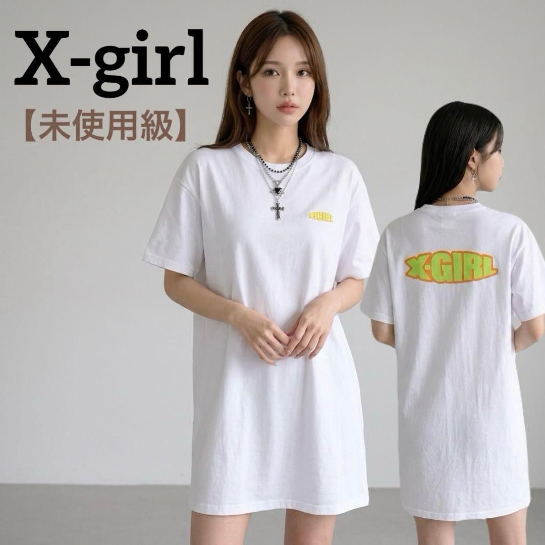 【近乎全新】X-girl(埃克斯女孩)Y2K Logo印花T恤连衣裙 包包图案 迷你连衣裙 长款衬衫 白色