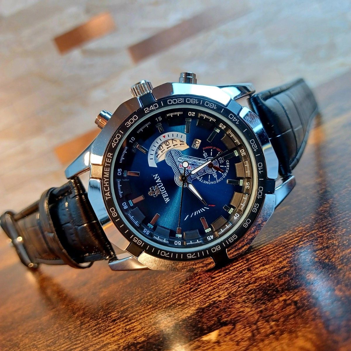 新品 双计时码表 WEIGUAN 男士腕表 奢华皮革 蓝色表盘340427