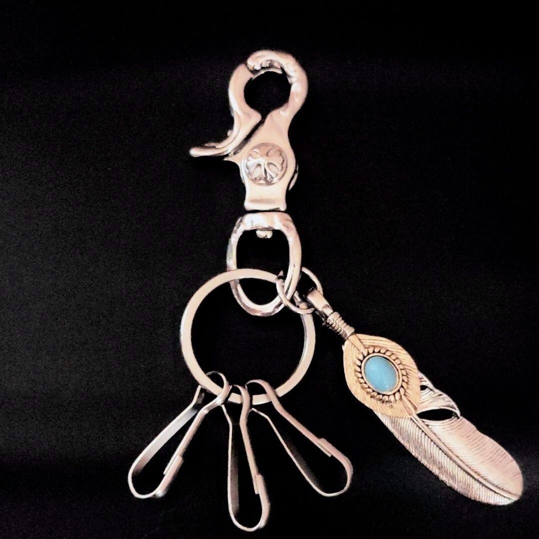 真鍮&ステンレス ターコイズフェザー レバーナスカン キーホルダー キーリング