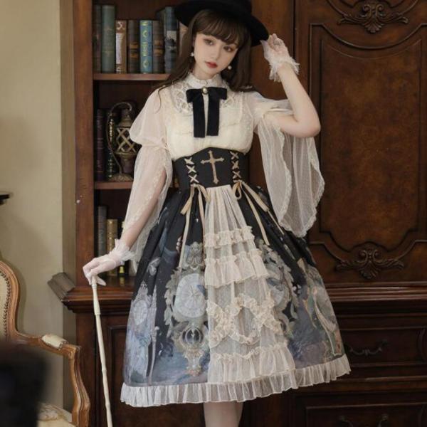 【3点套装】公主系洛丽塔服装哥特洛丽塔时尚衬衫下摆褶边高腰裙子洛丽塔服装高级甘洛丽塔服装蕾丝