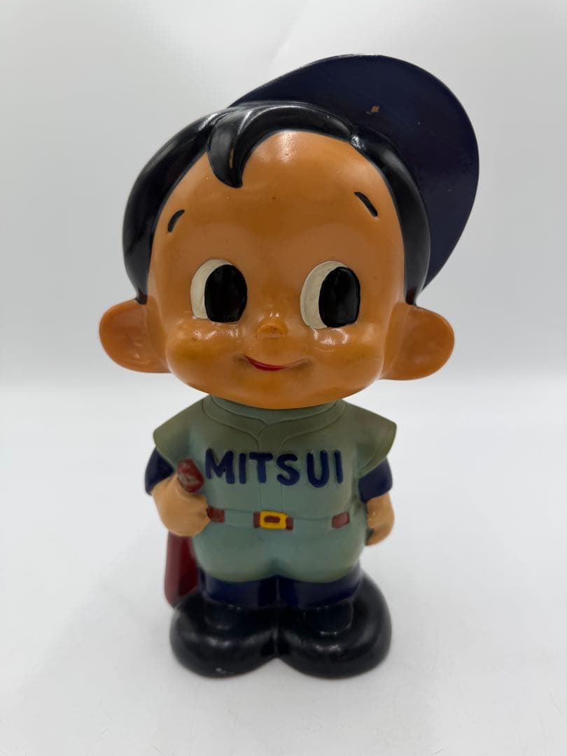 Mitsui Bank Soft Vinyl Piggy Bank Vintage Store Display Showa Retro Baseball Boy Home Run Boy