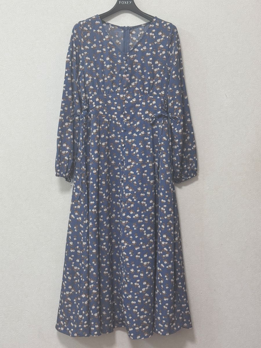 【新货】GRL灰色花纹长连衣裙印花M侧丝带长袖连衣裙蓝色
