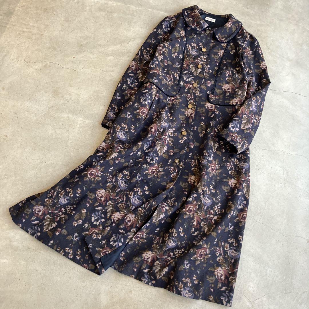 美品✦ฺaxes femme /花卉图案 长款大衣 海军蓝 连衣裙 玫瑰