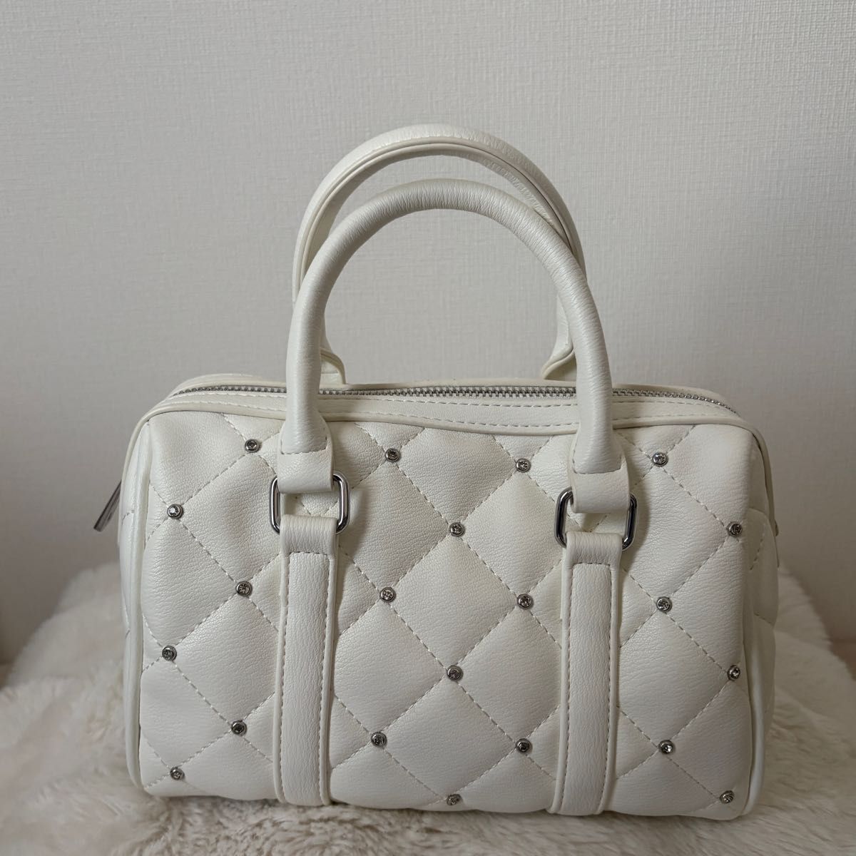 Quilted Studded Mini Boston Bag, White, 2-Way Shoulder Bag