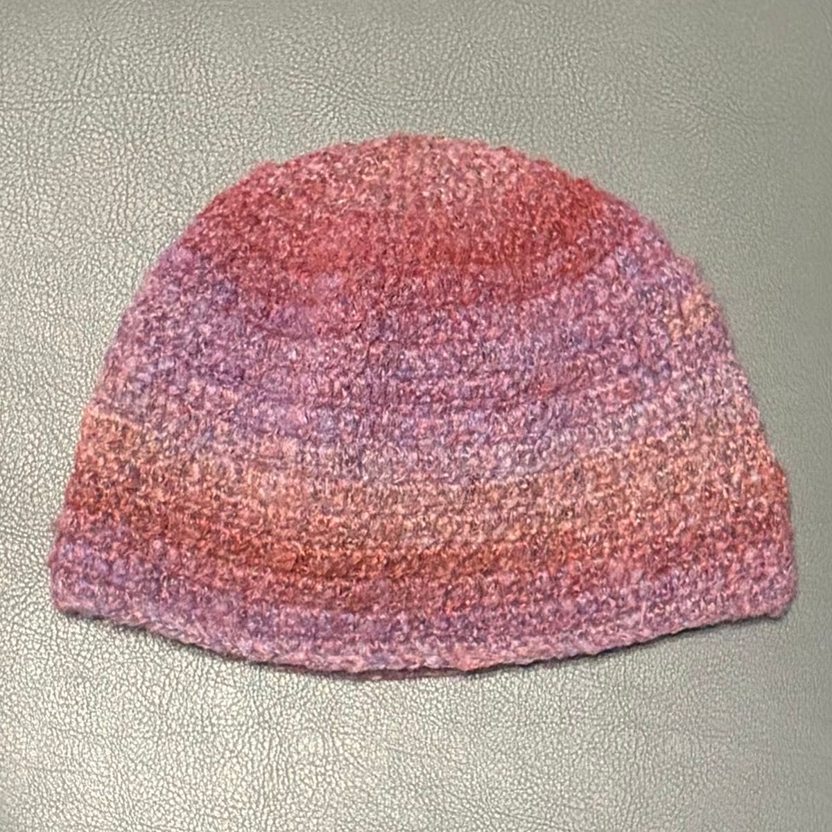 ニット帽 ビーニー ハンドメイド 手編み マルチカラー クラッシャーハット 帽子 グラデーション バケットハット クロシェハット