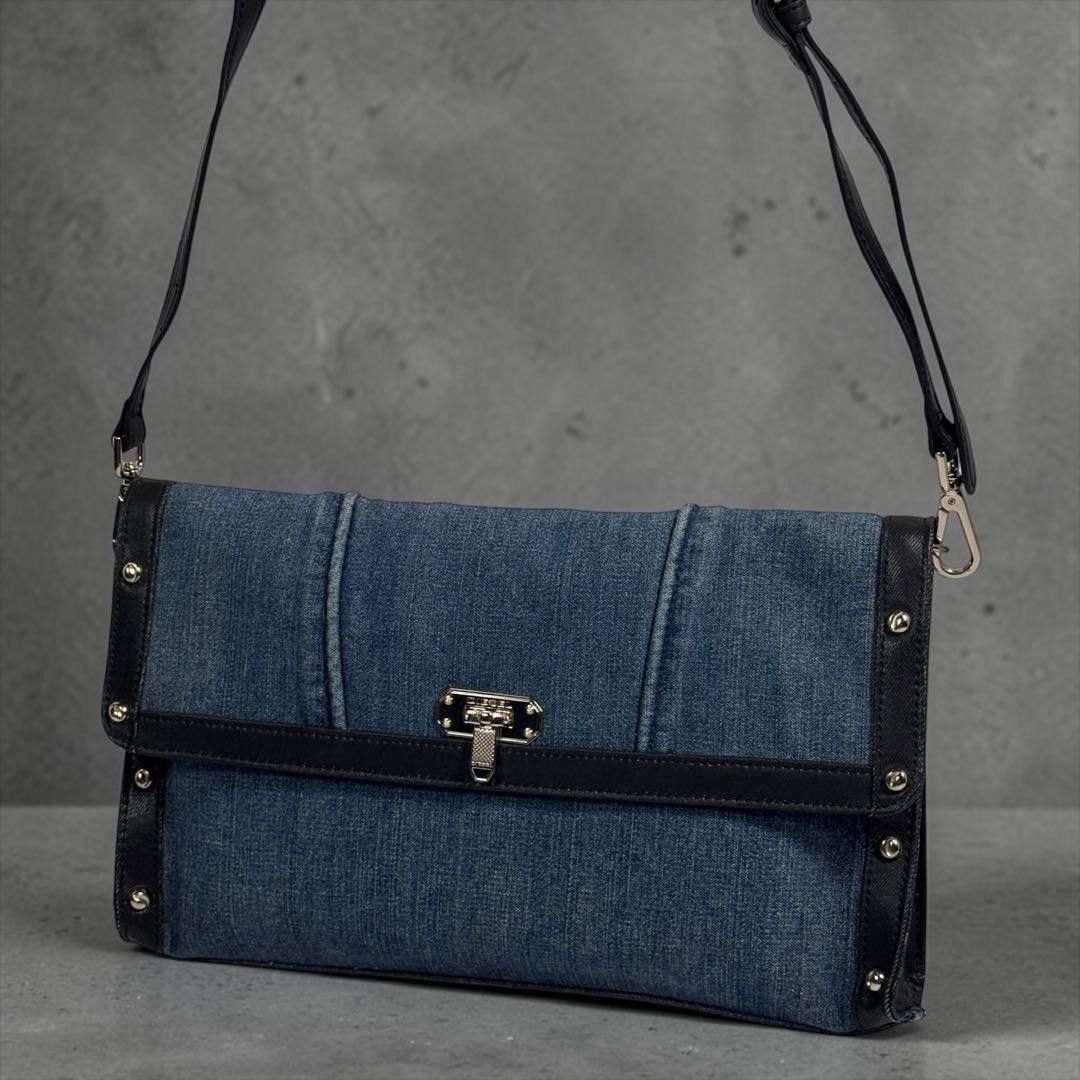 DIESEL Diesel Clutch Shoulder Bag y2k Denim 2way Indigo Handbag with Gold Hardware Leather