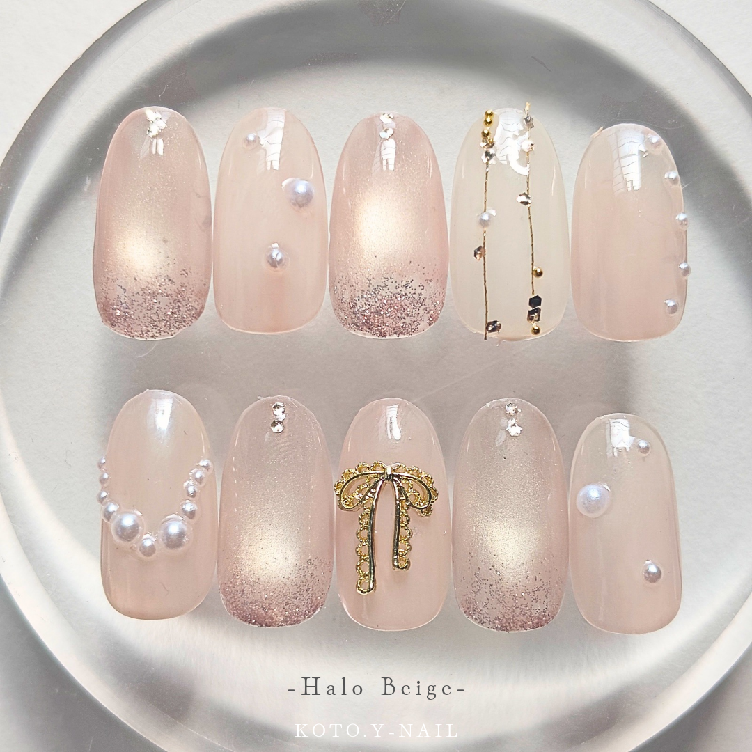 Halo Beige Nail Tip Summer Adult Cute Simple Nail Bridal Wedding Wedding Bride Coming of Age Nail Pre-shooting Pearl Moisture Furnish Sleeve Pink Gold Magnet Nail Autumn