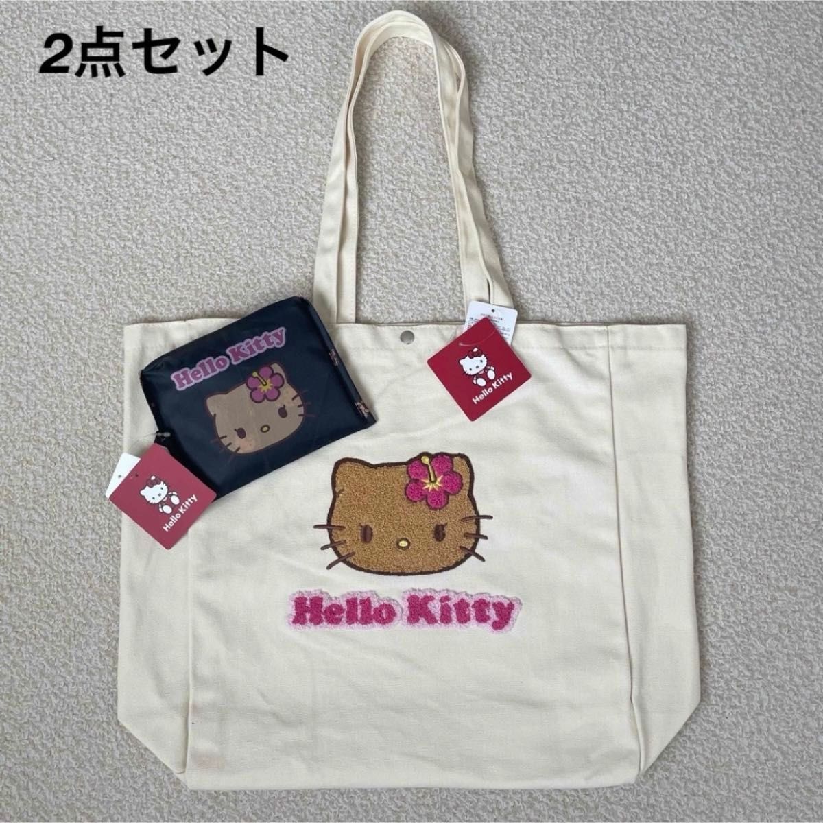 新品★Sanrio 晒黑凯蒂猫 大号托特包 环保袋 黑色 2件套