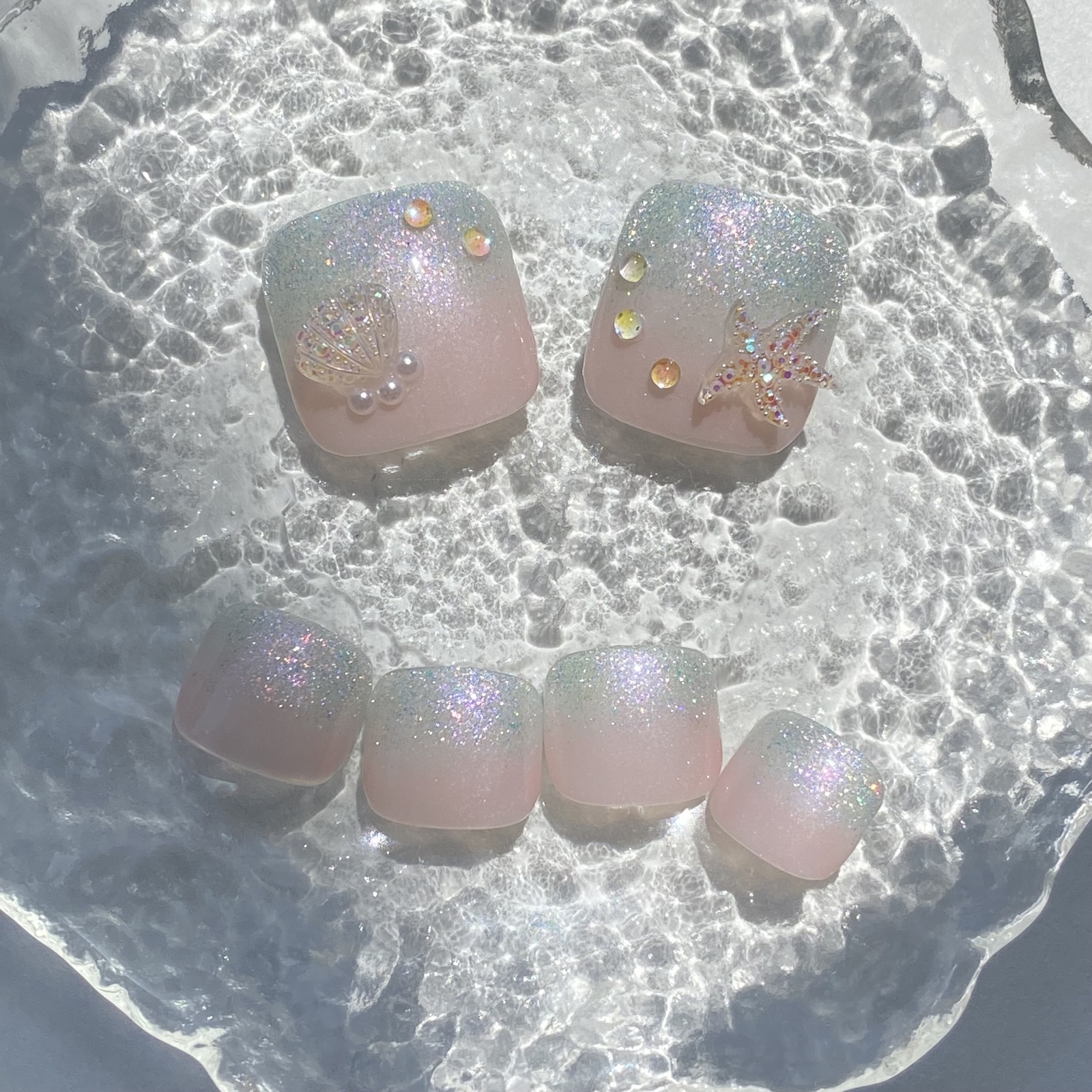 Foot Light Blue Shell Starfish Droplet Magnet Summer Nail Sparkly Sea Aurora Blue Shell Pastel Dreamy Cute Droplet Pink Pedicure Nail Nail Tip Foot Nail Pedicure Mermaid