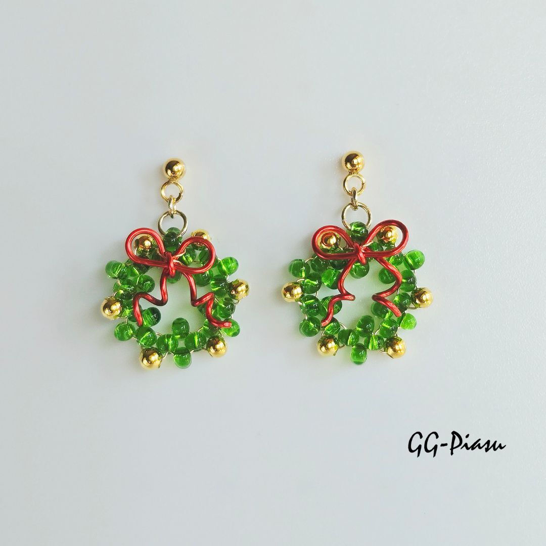 Farfalle Beads Woven into Wire to Create Small Glass Christmas Wreath Earrings / Surgical Stainless Steel Pierced Earrings with Czech Glass and Small Wire Ribbon