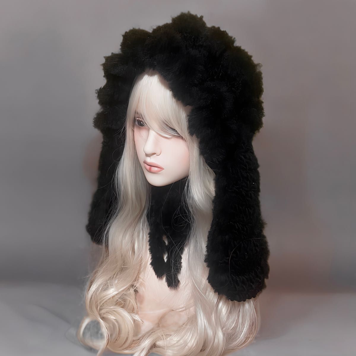 再販 フリル ヘッドドレス うさ耳 うさぎ 垂れ耳 ブラック ハンドメイド 編み物 ヘアアクセサリー ロリータ グランジ メイド