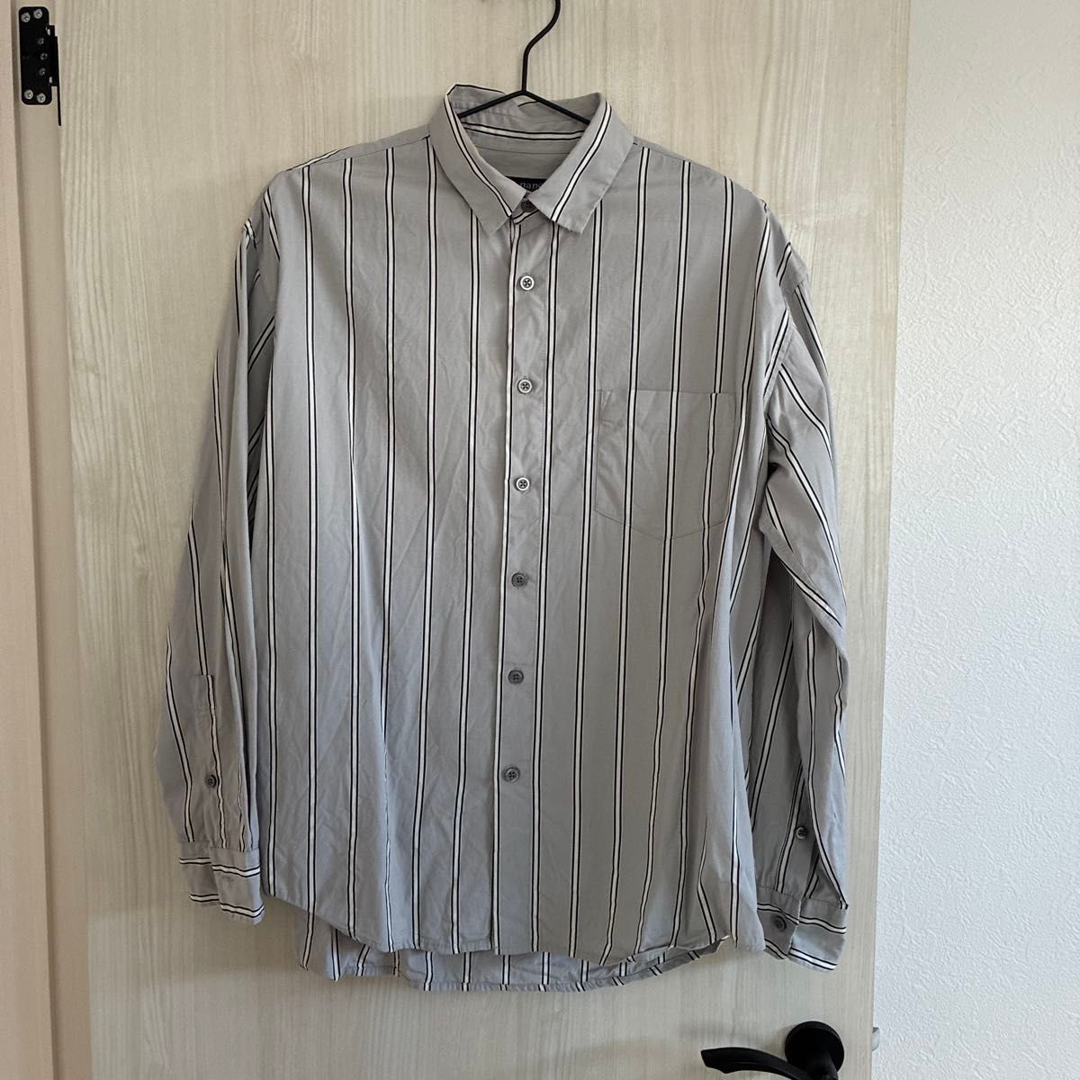 美品 ナノユニバース 80/2 yarn ストライプシャツ M グレー 綿100