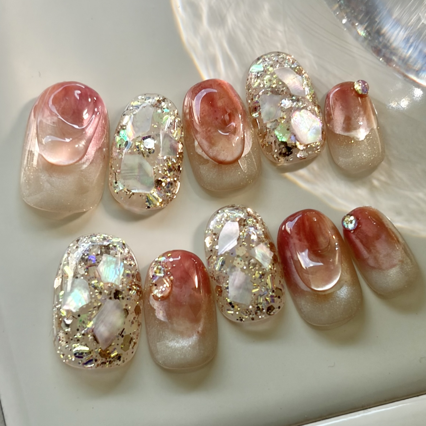 Sunset Glow Shell🌆 Nail Tips, Magnetic Nails, Gold, Orange, Cassis, Bridal, Wedding, Marriage Ceremony, Coming-of-Age Ceremony, Pre-Wedding Photoshoot, Autumn, Late Summer, Early Autumn